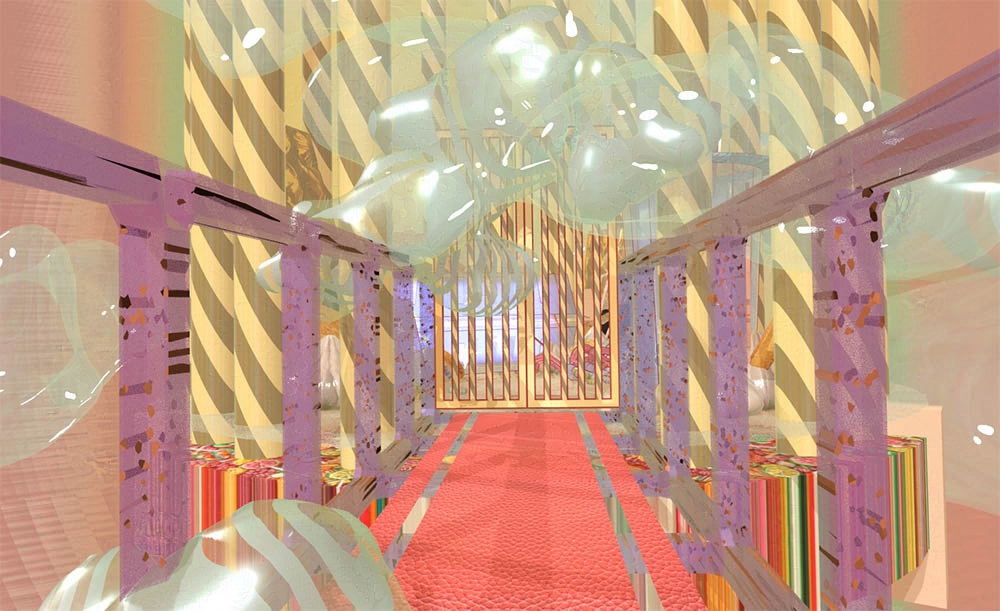 Heaven hallway with glitter handrails and iridescent clouds.